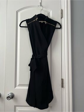 RACHEL Rachel Roy Black Sleeveless Wrap Midi Dress with Gold Zippers